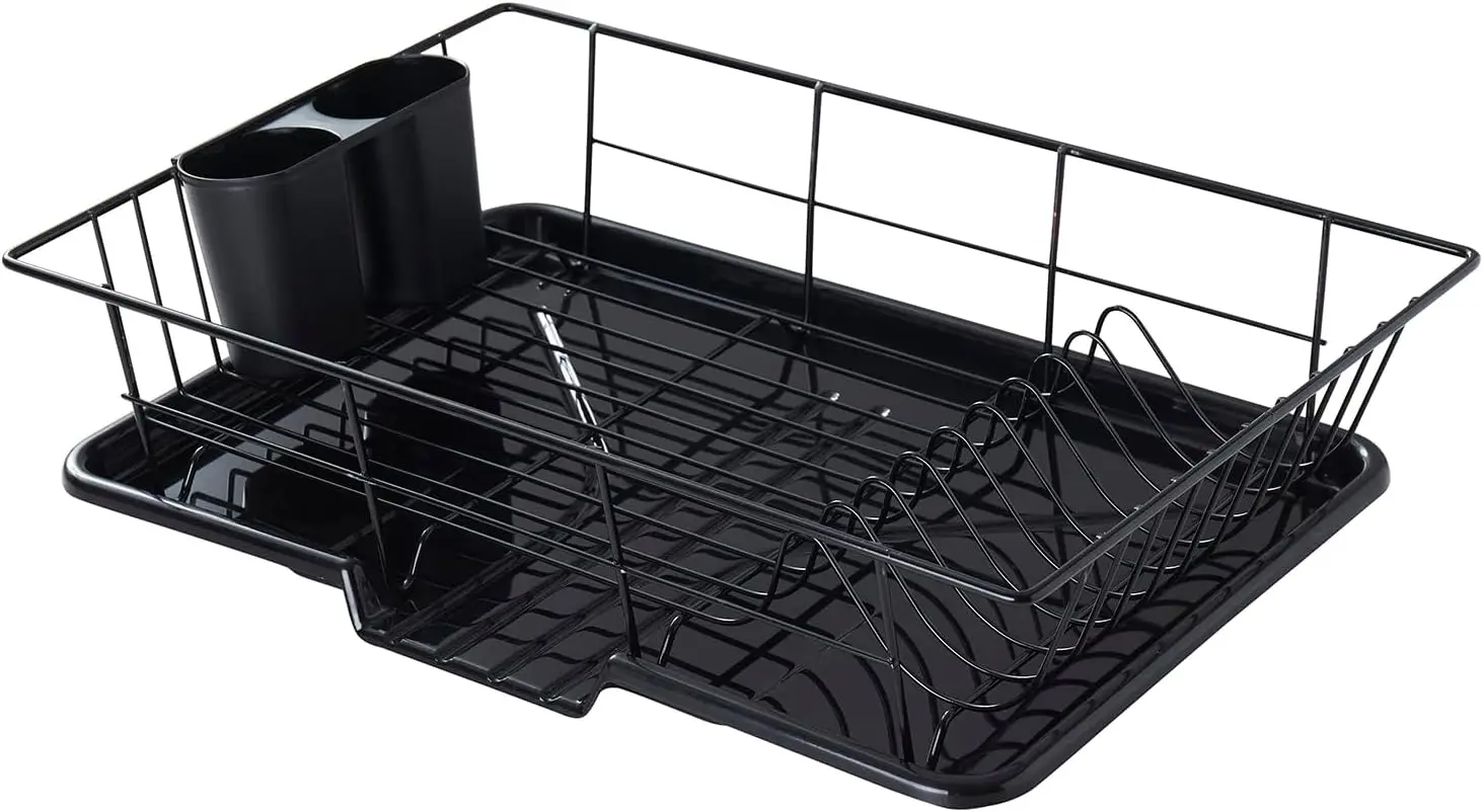 

Space-Saving 3-Piece Dish Drainer Rack Set with Cutlery Holder, Black - Maximize Countertop Space