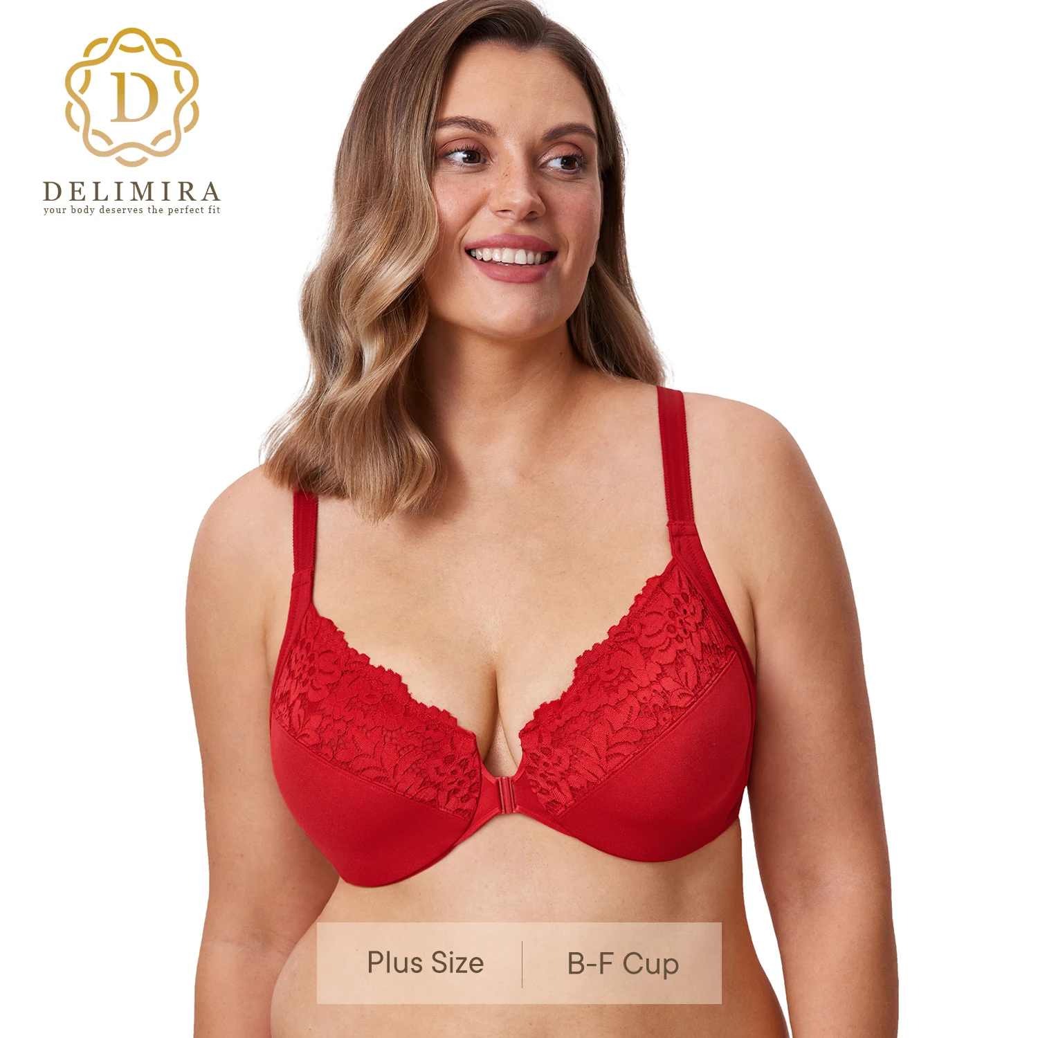 

DELIMIRA Women's Plus Size Front Closure Bra Full Coverage Lace Underwire Racerback Bras Brassiere