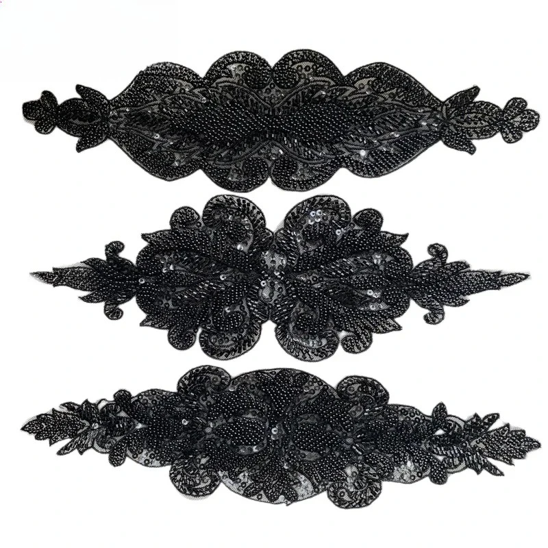 2 Pieces. High Quality Black Ivory Bead Lace Decal, Wedding Accessories, DIY Clothing Dress Background Decoration Accessories