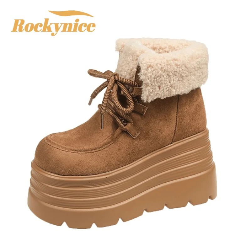 

New Women Winter Warm Snow Boots 10CM High Platform Short Booties Designer Suede Leather Cotton Shoes Woman Ankle Botas Mujer