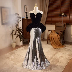 Evening Dress Strapless Sleeveless Sequins Mermaid Pleat Floor-Length Black Lace Up Elegant New Party Formal Dresses Woman B2804