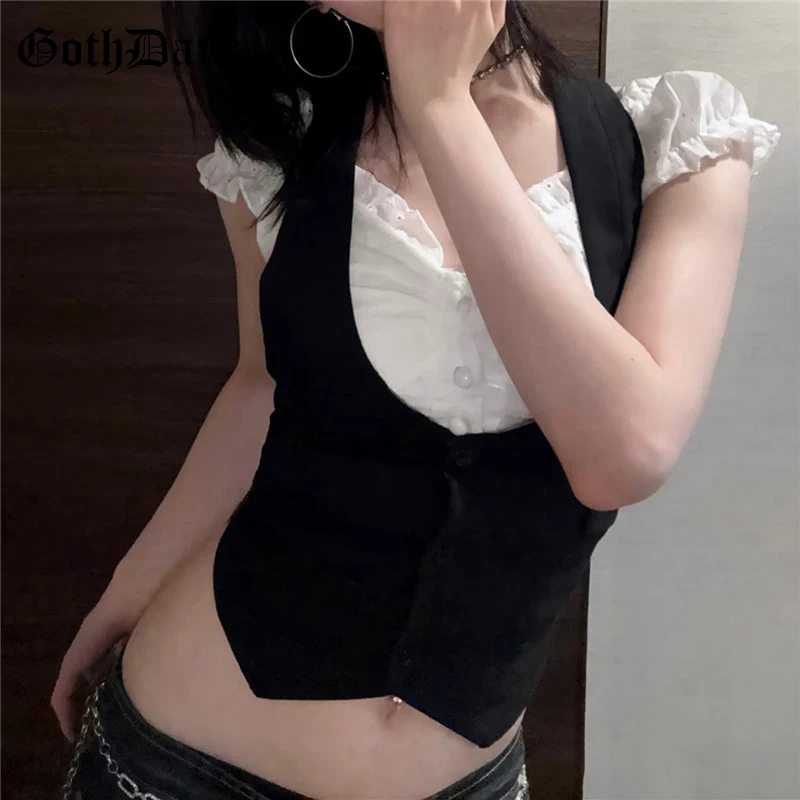 

Goth Dark Harajuku Fashion Patchwork Fake Two Piece Crop Tops Cyber Y2K Women Slim Button T-shirts Mall Goth Streetwear T-shirt