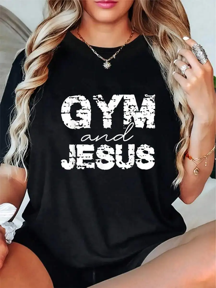 2026 Fashion New Women Men Round Neck T Shirt 100% Cotton Gym And Jesus Letter Print Christian Fitness Gift Daily Casual Basic Top Tee