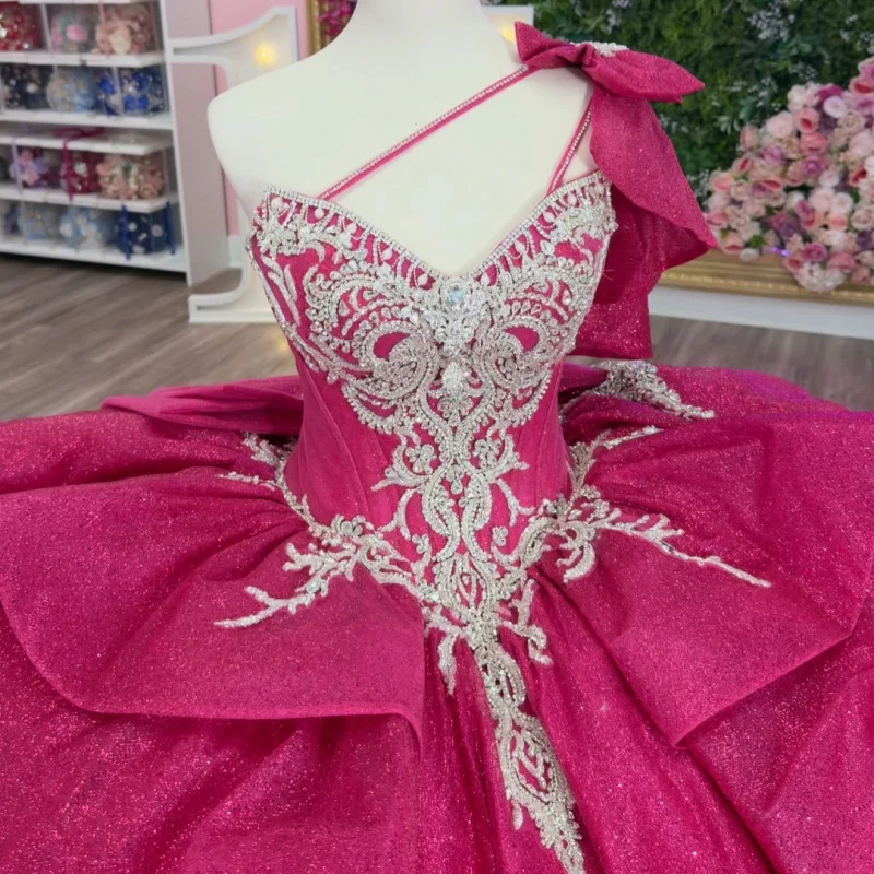 Rose Red Quinceanera Dress off-shoulder Sequins Crystal Decal Lace Layering Long tail Bow vestidos de 15 Quinceanera ﻿Customize