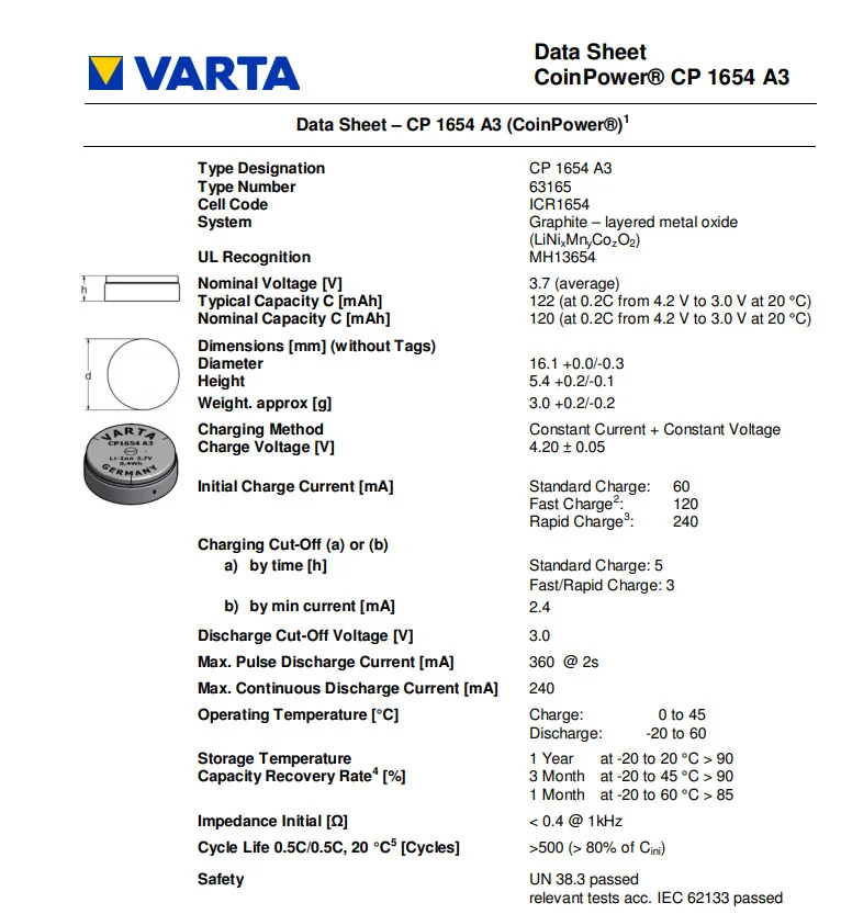 Germany VARTA CP1654 Bluetooth headset smart bracelet Wearing LIR1254 rechargeable battery 3.7V