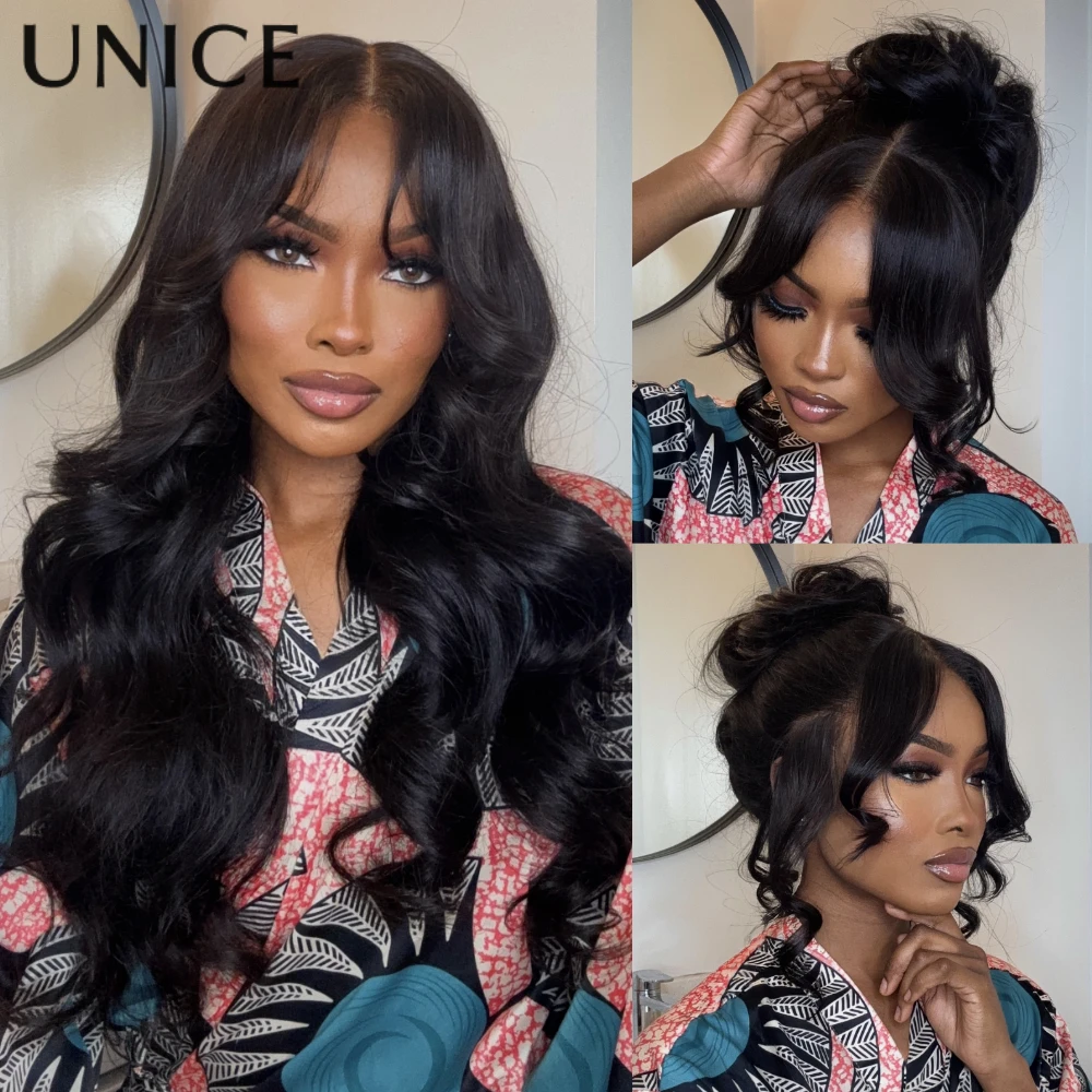 UNIZIA # Peluca de encaje recto Yaki de 4 colores marrones con flequillo corte en capas 4x2 parte media peluca de cabello humano con frente de encaje 150% de densidad