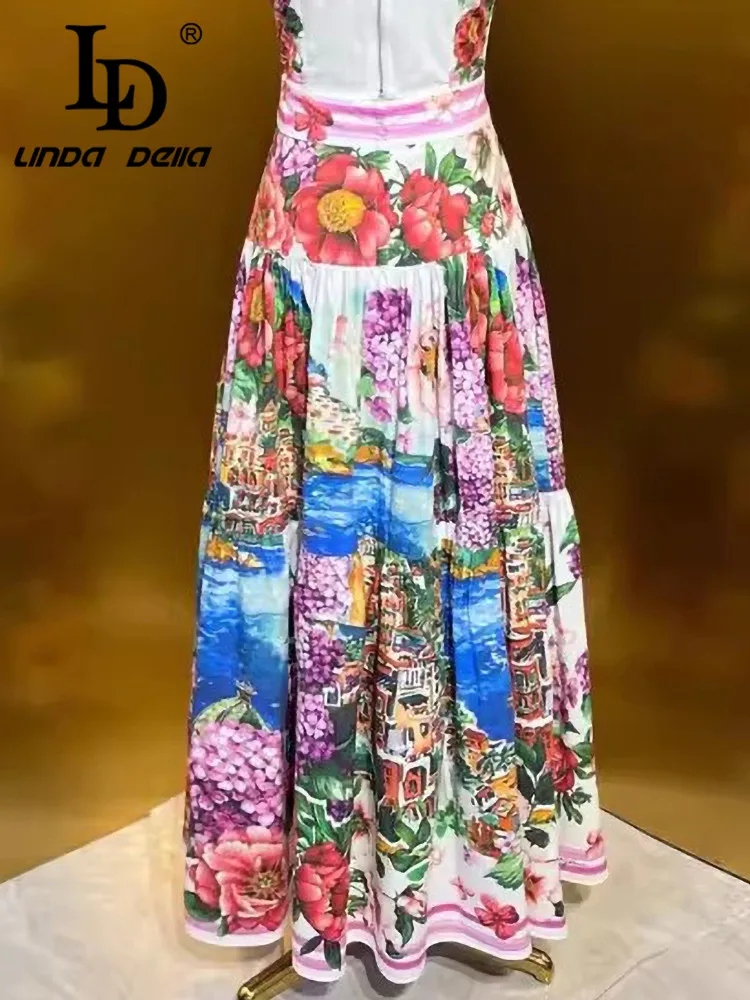 LD LINDA DELLA Summer Vacation Floral Women\'s Fashion Print Folds Design Slim Cotton Pleated Skirt