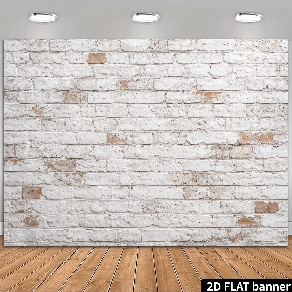 2D-Hintergrundstoff mit weißem Ziegelwandmuster. Retro-Backsteinmauerstruktur mit verblasstem, gealtertem Effekt. Strapazierfähiges Polyester.