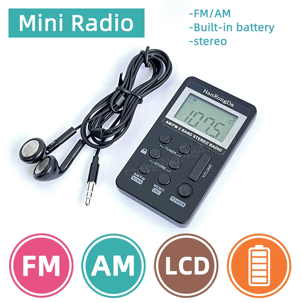 Portable Radio Mini Pocket FM AM Step 9KHZ 10KHZ Stereo Receiver LCD Screen High Sensitivity Rechargeable Built-in Battery