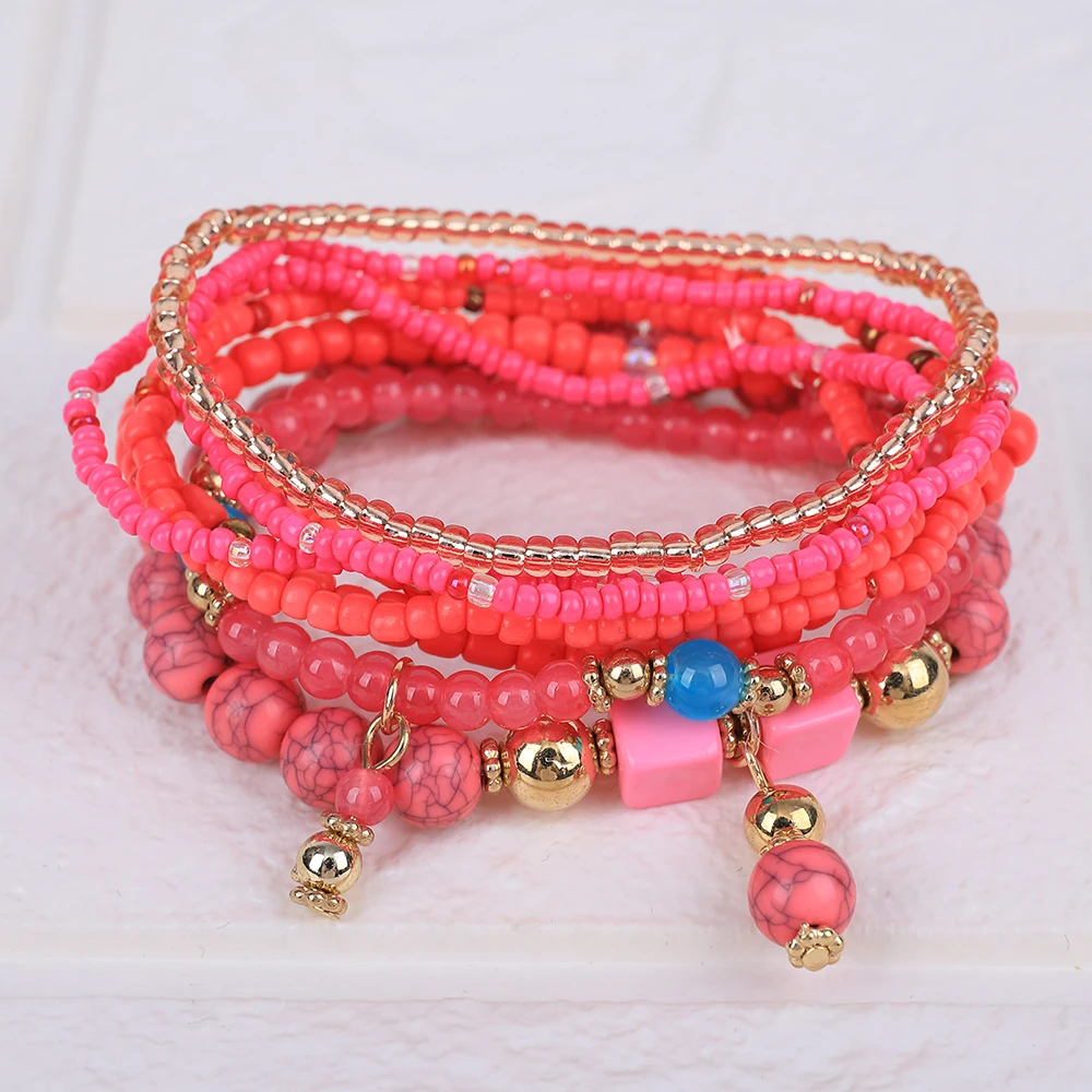 8Pcs Bohemia Rice Beads Bracelet Set For Women Summer Colorful Handmade Elastic Chain Bangle Men DIY Jewelry Accessories