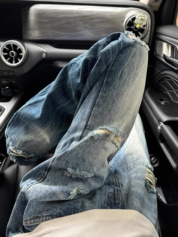 

Мужские летние джинсы с узором молнии, рваные, в американском уличном стиле, с микро-клешем, прямые, для создания комплектов