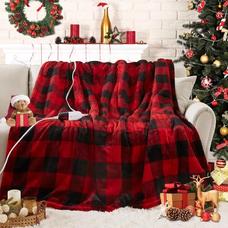 Electric Heated Sherpa Buffalo Plaid Christmas Throw Blanket with 6 Heating Levels & 4 Hours Auto Off