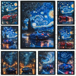 Japanese Luxury Car GTR R35 Night Moon Starry Sky Poster Landscape Fuji Mountain Canvas Painting Wall Art Print Home Decor