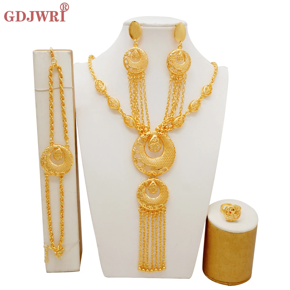 

Luxury Round Dubai Gold Color Long Tassel Necklace Earrings Jewelry Sets For Women African Arab Ethiopian Indian Wedding Gifts