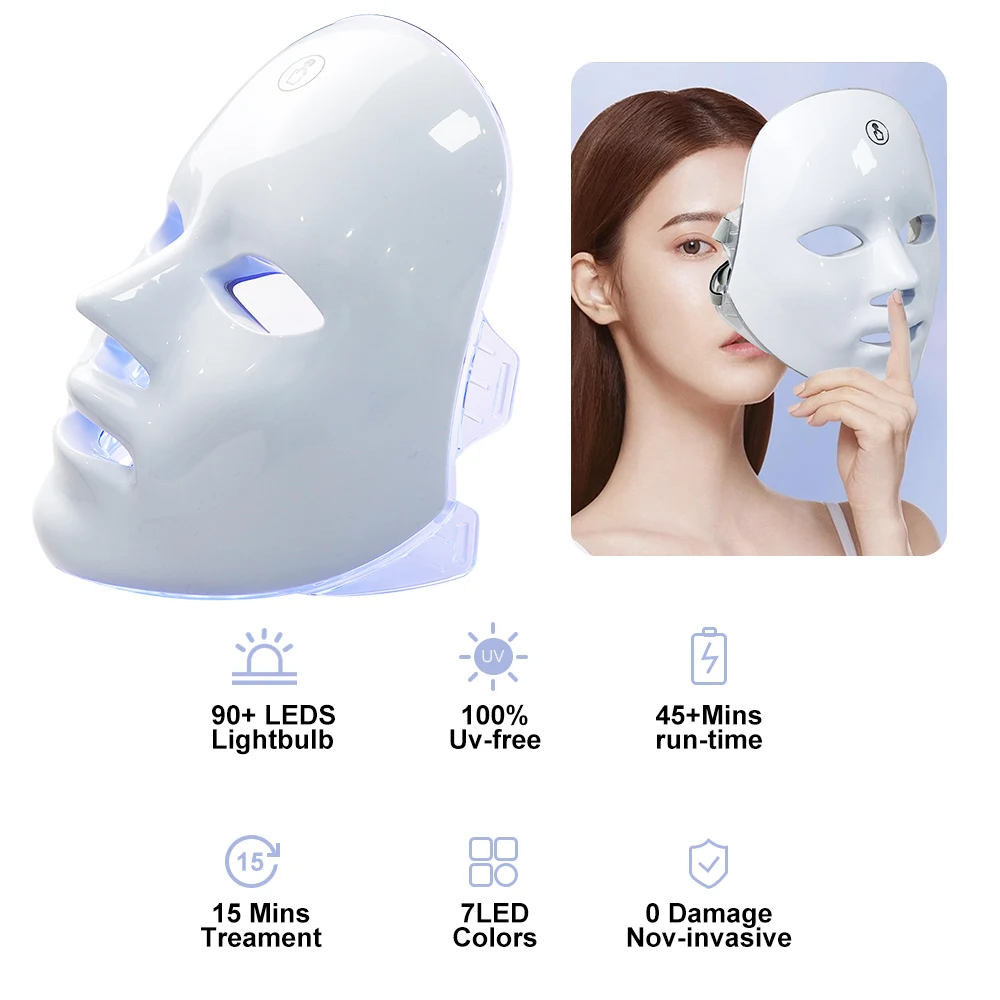 Masque facial à LED de luminothérapie à 7 couleurs, rajeunissement de la peau, masque de spa blanchissant, anti-acné, élimination des rides, masque de beauté rechargeable