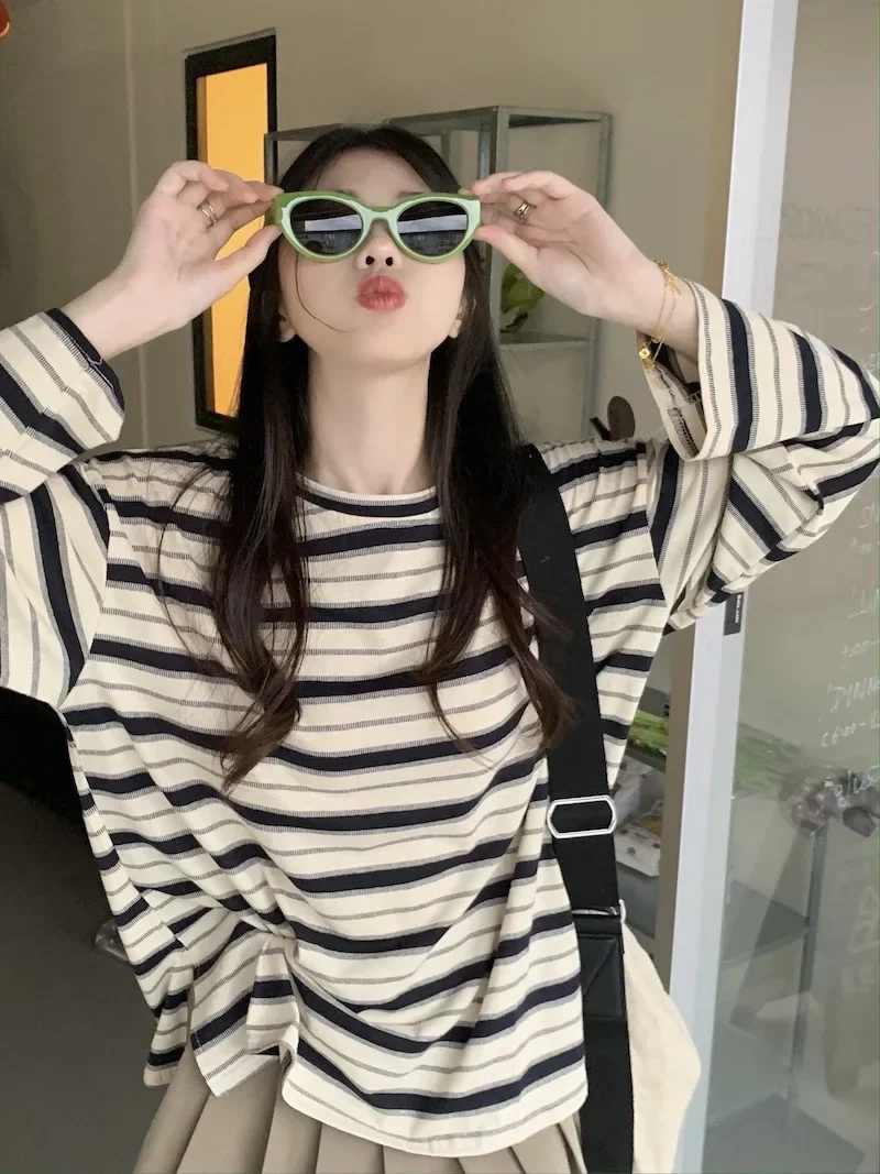 Полосатая футболка с круглым вырезом и длинным рукавом, женский свободный повседневный топ с разрезом Полосатая футболка с круглым вырезом и длинным рукавом, женский свободный повседневный топ с разрезом