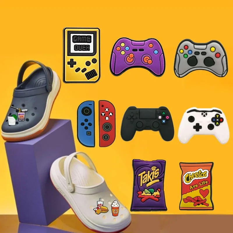 1 Uds Gamepad Snacks dijes para zapatos Takis Chettos accesorios para zapatos café Boba té zuecos pines controlador de juego decoraciones para