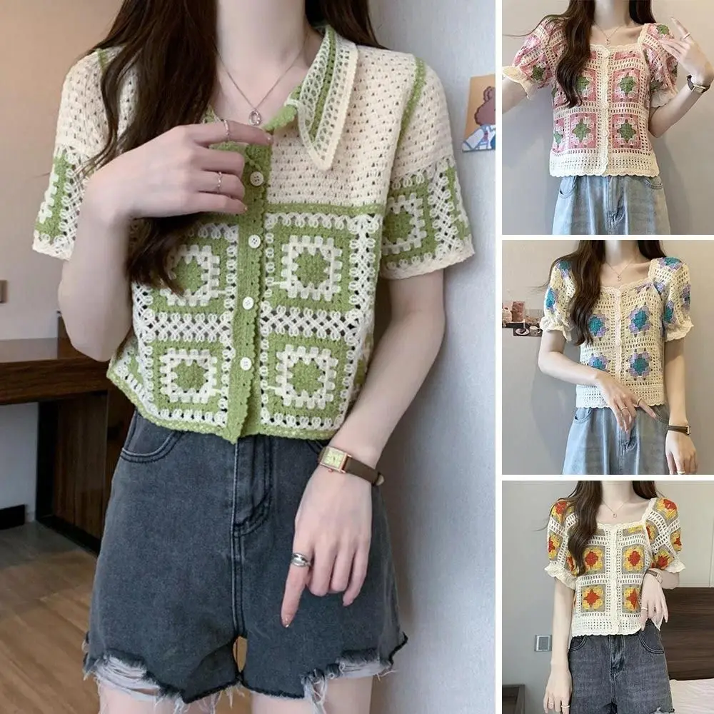 

Summer Floral Crochet Vest Top Vintage Loose Sunscreen Cardigan Sun-protection Short Sleeve Knitted Top Cardigan for Women