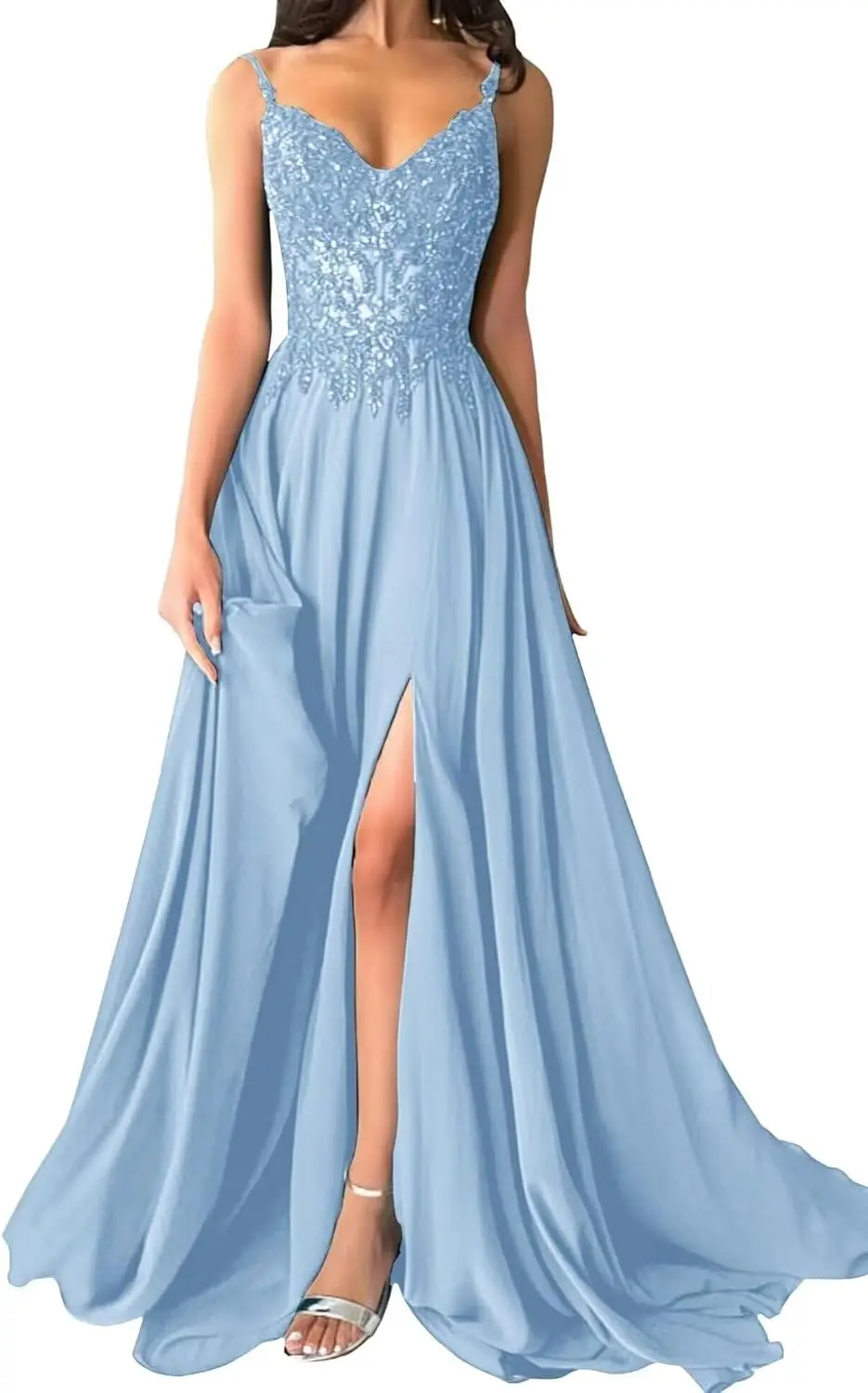 

Spaghetti Straps Prom Dress Sequin Appliques A-Line Chiffon Party Dress V-Neck Bridal Gowns with Side Split Evening Dresses