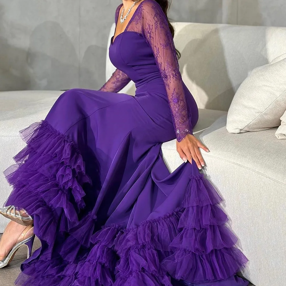 

Customized Modern Lace Pleat Square Neck Floor Length Mermaid Jersey Evening Dress Fashion Long Sleeves Sweep Train Party Gowns