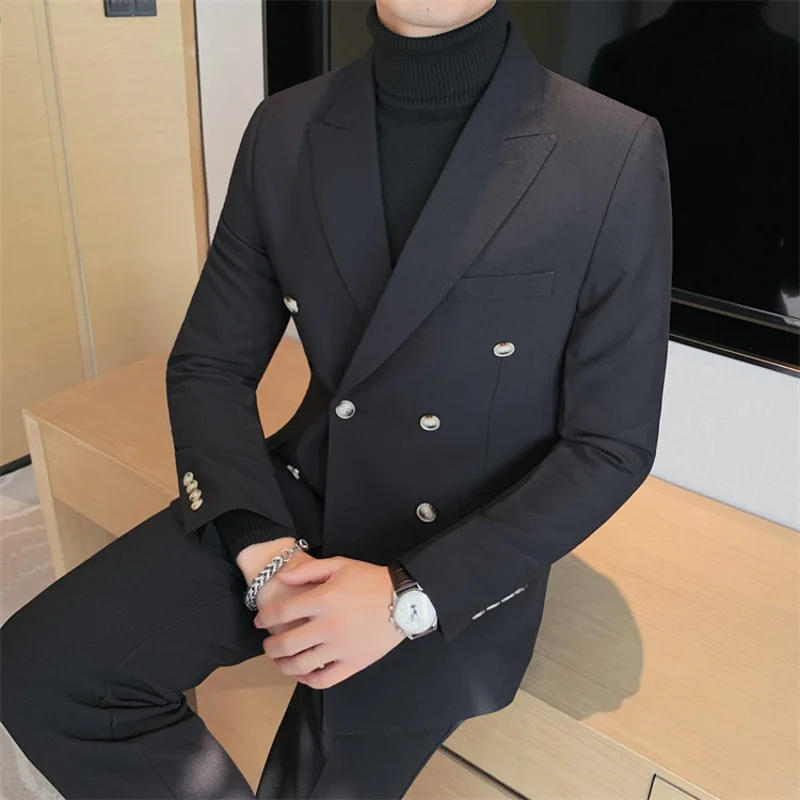 Double-breasted Men's Black Suit Jackets 2022 New Business Casual Slim Fit Fashion High Quality Blazer Spring Coats 2D1538