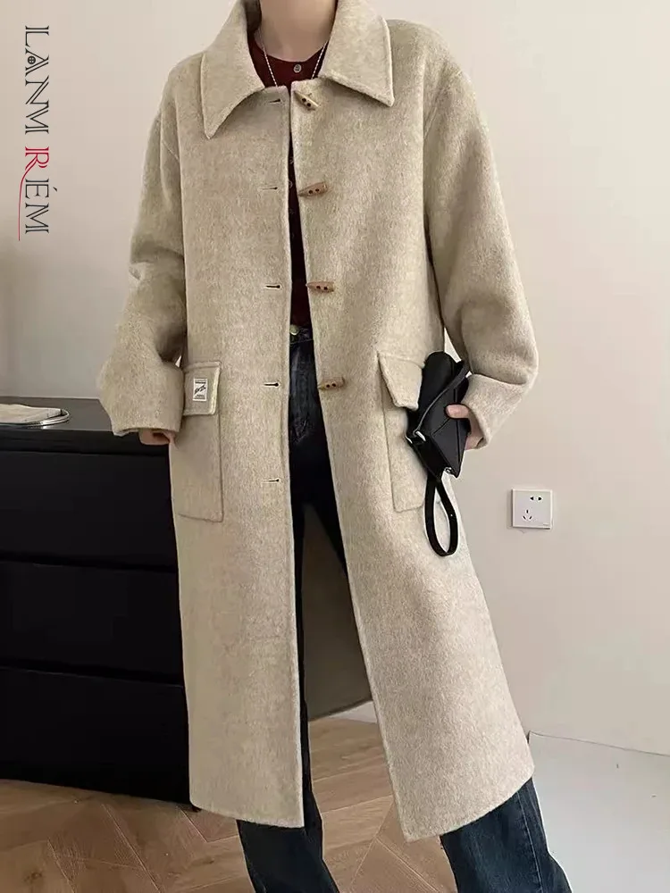 

[LANMREM] Office Lady Wool Warm Coats For Women Lapel Single Breasted Thick Long Outwear Female Clothing 2024 Winter New 26C863