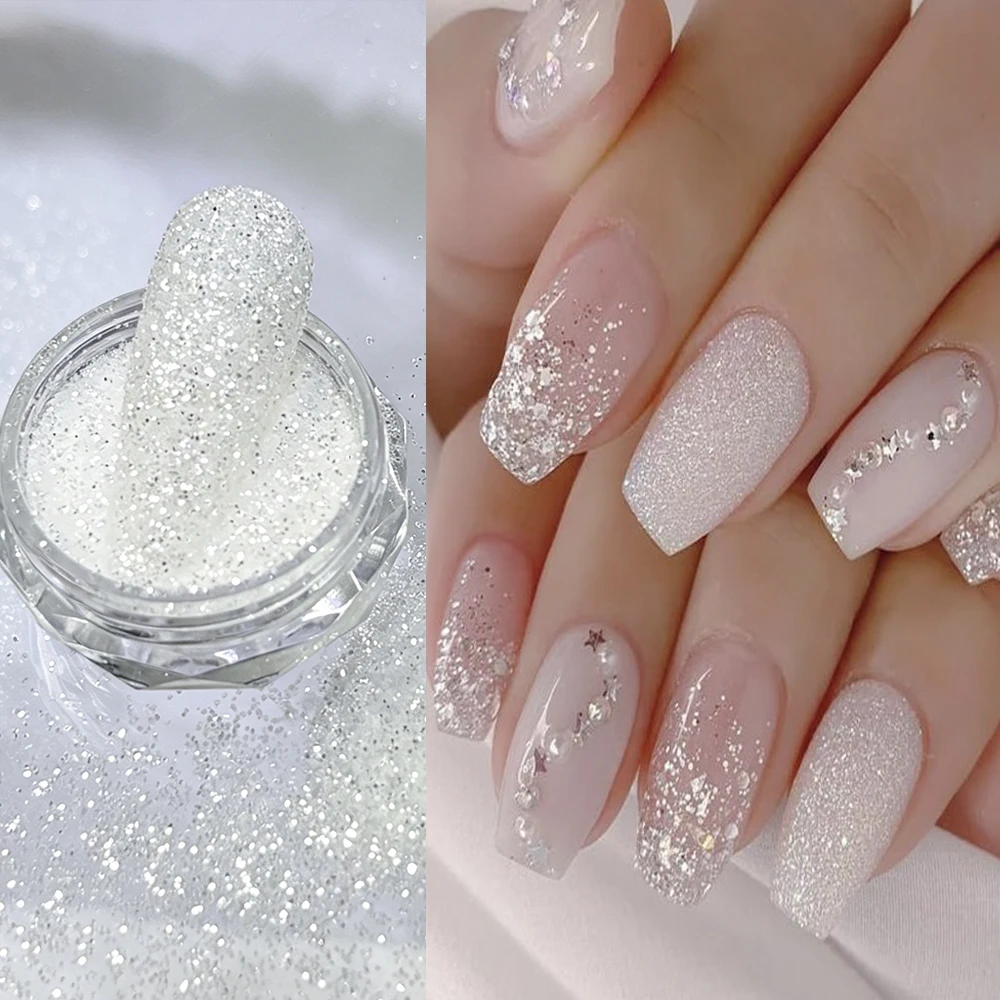  1 pot de poudre scintillante blanche pour ongles, paillettes fines réfléchissantes, poudre de sucre diamantée, pigment pour nail art, gel vernis, décoration d'ongles