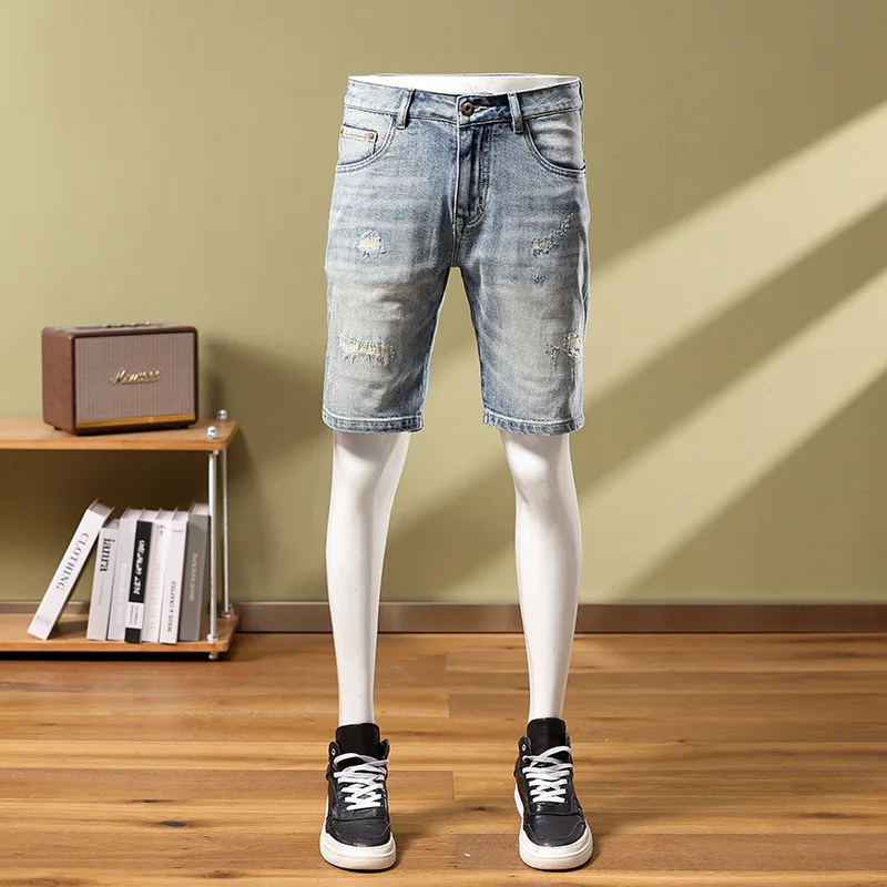 Pantalon court décontracté en denim pour hommes, coupe couvertes, jambe droite légère, rayures, tendance de la rue, mode rétro, objectifs pour hommes, été 2021