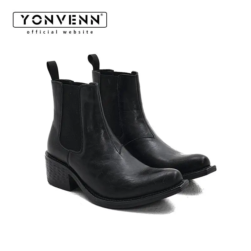 

Washed cowhide handmade Chelsea boots men's Goodyear upturned short boots high heels casual shoes