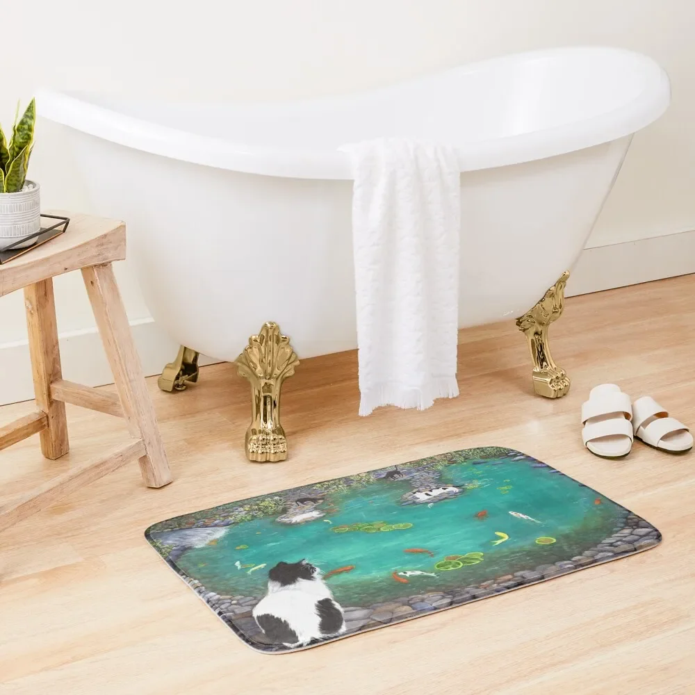 

Tuxedo Cat watching family at the koi pond. Bath Mat Carpet Living Room Rugs Baths Mat