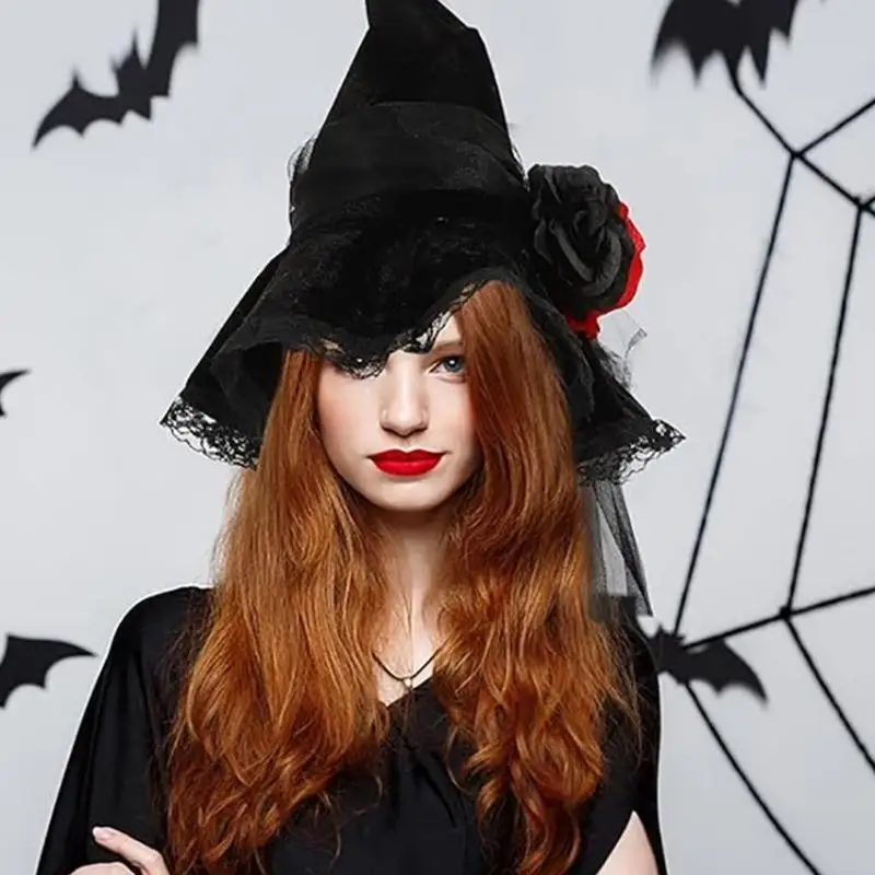 

652F Spooky Party Headwear Durability Meshes Witch Hat Gothicism Laces Veil Hat for Halloween Parties and Cosplay Event