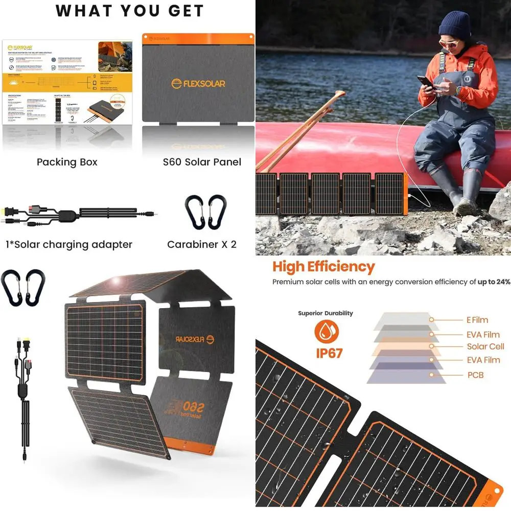 60W Portable Solar Panels with PD3.0 USB-C, QC3.0 USB-A, and DC Outputs - Waterproof for Camping and Powering Devices