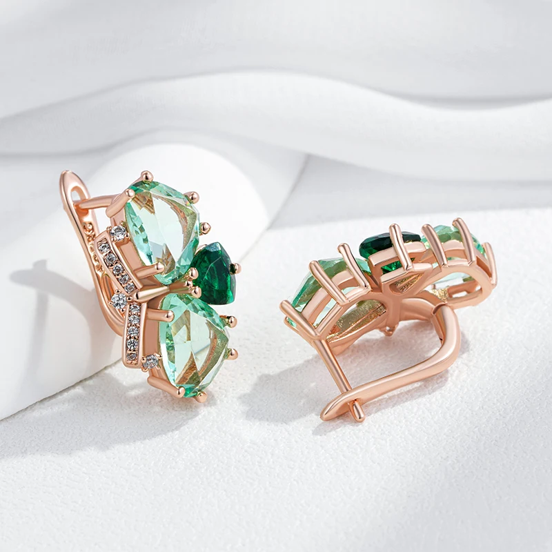 Kinel Unique Green Stone Drop Earrings for Women Fashion Rhombus Natural Zircon Accessories 585 Rose Gold Vintage Daily Jewelry