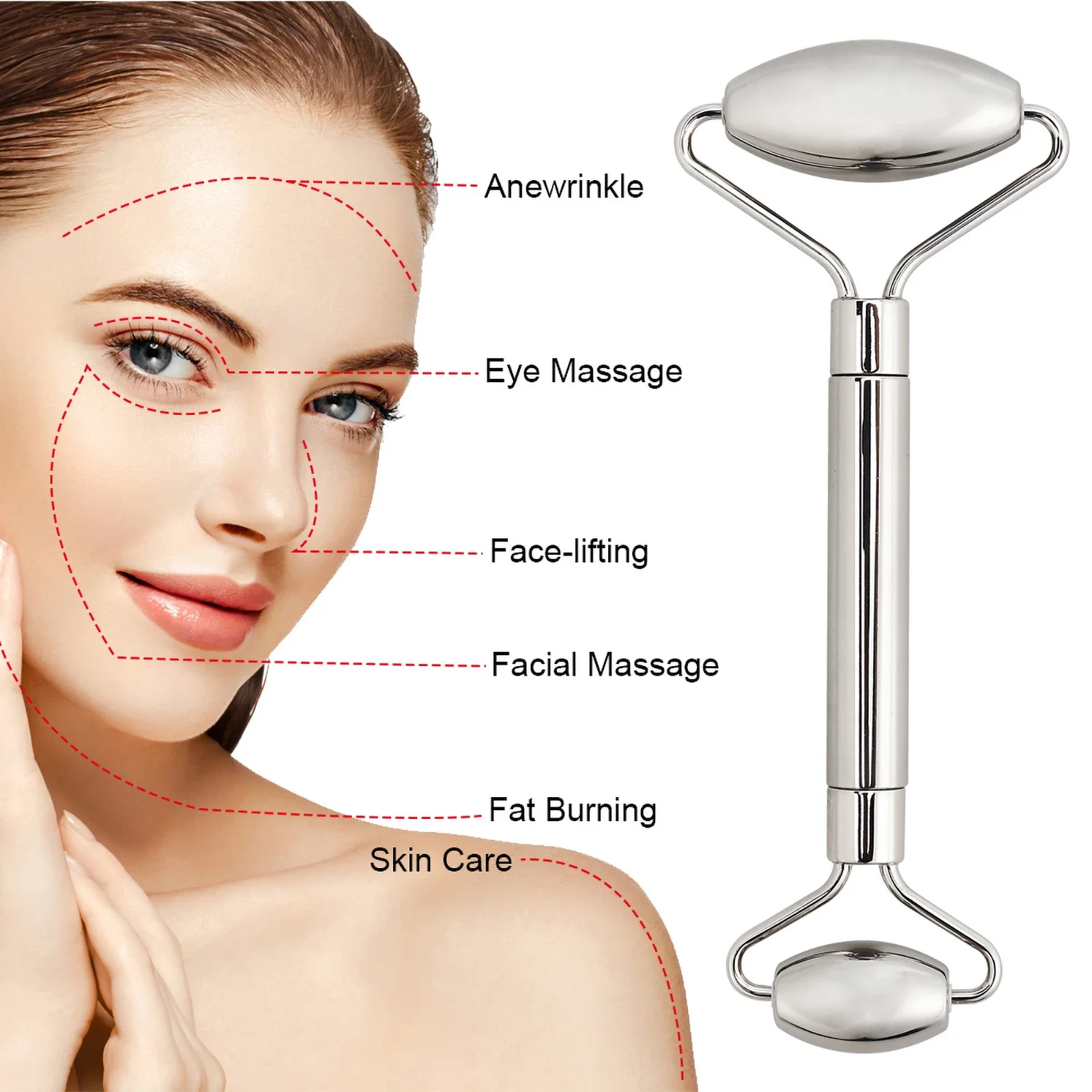 Stainless Steel Facial Roller Gua Sha Set Face Care Lifting Massage Tools Anti Wrinkle Skin Tighten Cooling Cellulite Massager