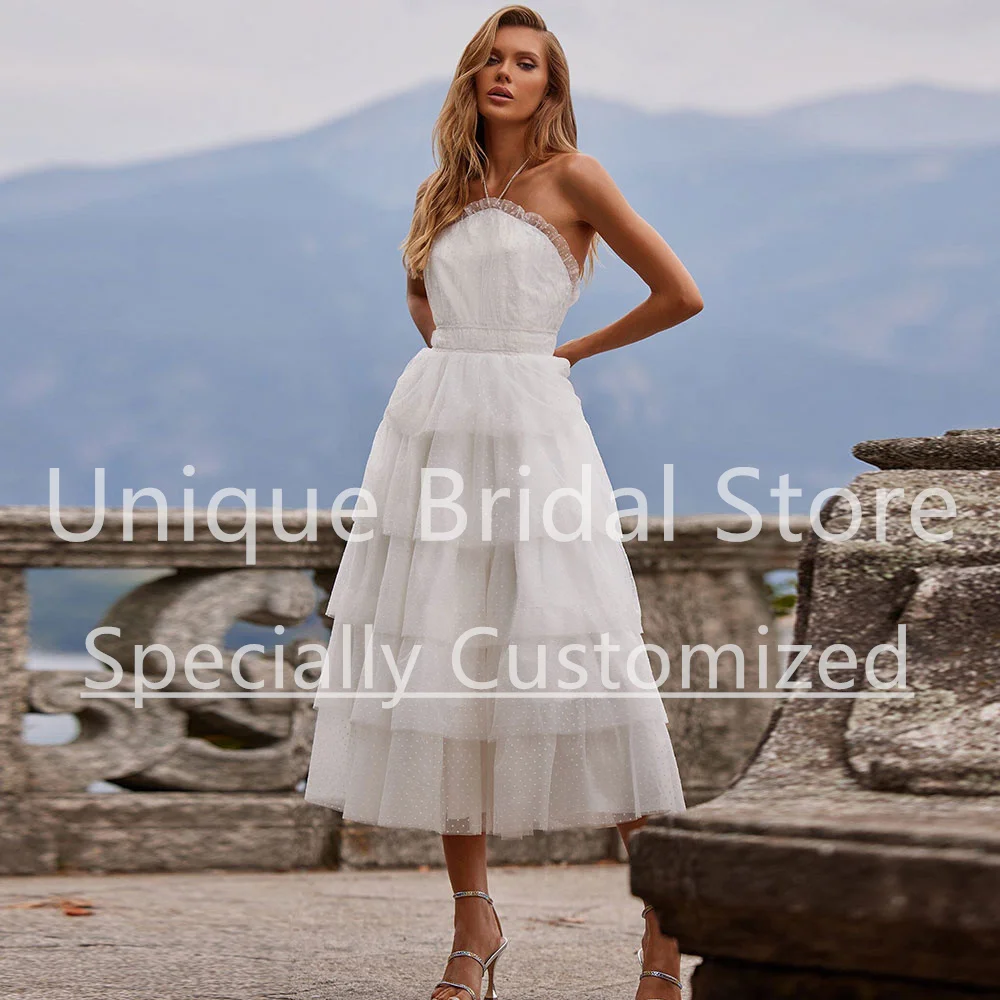 Vestido de novia personalizado hasta el té, vestido de novia de encaje con cuello Halter escalonado, corte en A, espalda descubierta, cremallera, sin mangas, volantes, para mujer Br