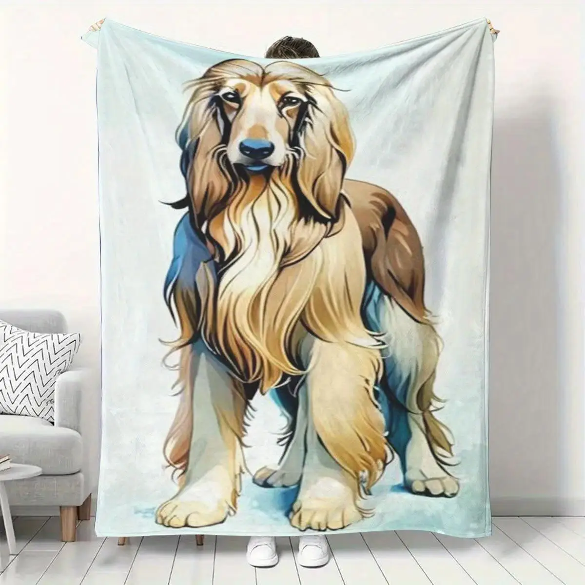 1pc Afghan Hound Print Flannel Blanket - 280gsm Heavyweight Soft Warm All-Season Luxury Dog Lover Gift, Contemporary Golden & Bl