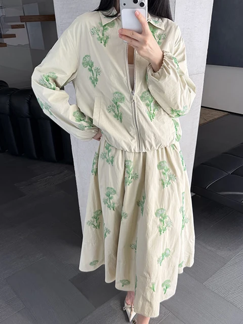 Spring Summer Fashion Floral Bead Jacket Women's Mid-Length Umbrella Skirt Set Sunscreen Collar Long Sleeve Plant Floral