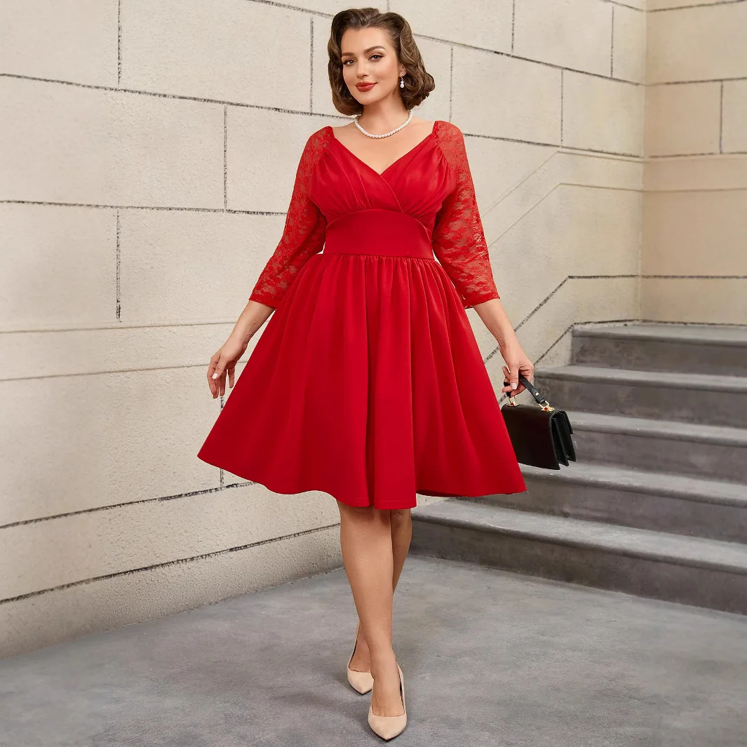 

Plus Size Red Mom Wedding Banquet Dress V-neck High Waist Lace Sleeve A-line Party Dress 2025 Party Summer Elegantes Casual Y2k