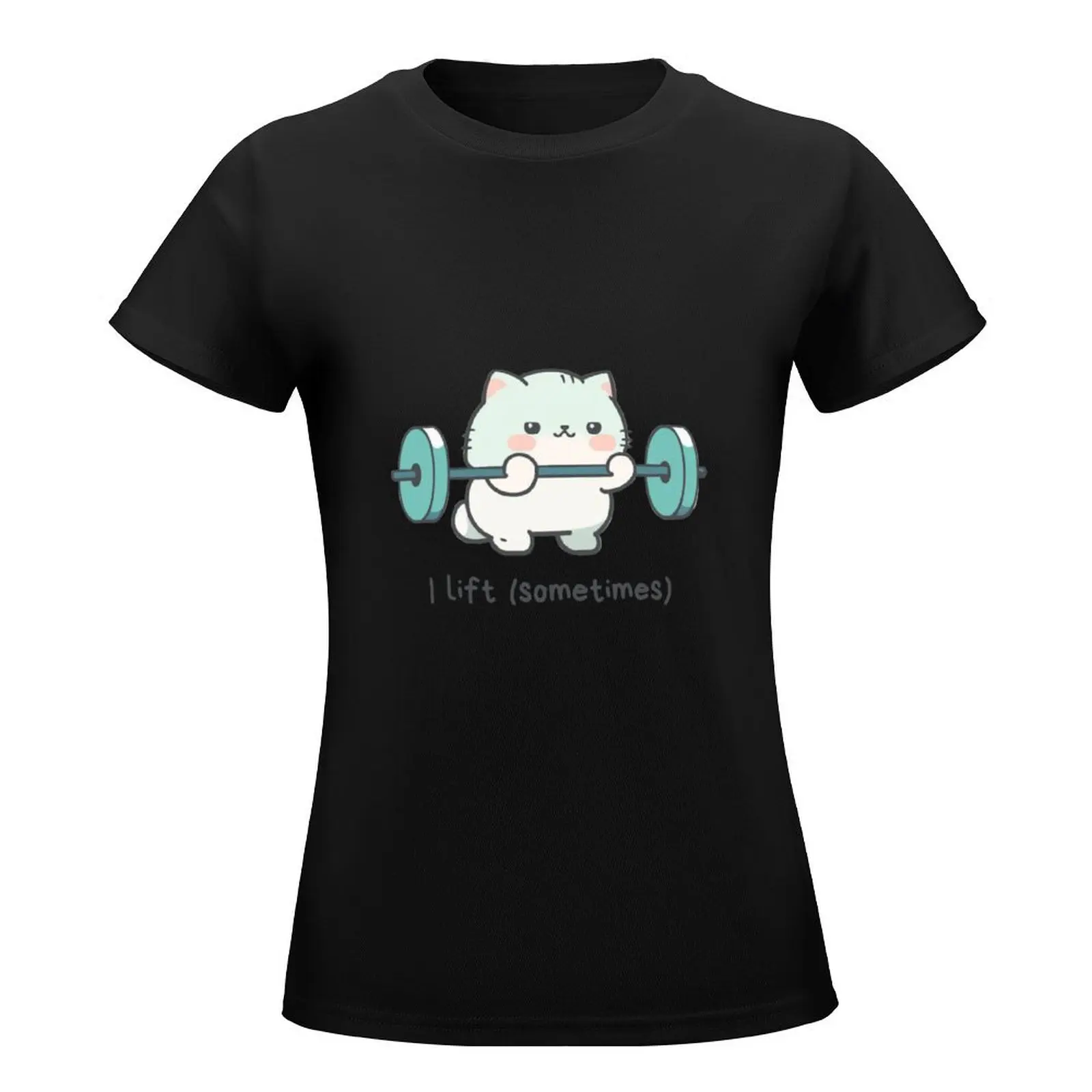 Cat Weightlifter Barbell Cat T-Shirt cute clothes plus sizes Summer Women's clothing