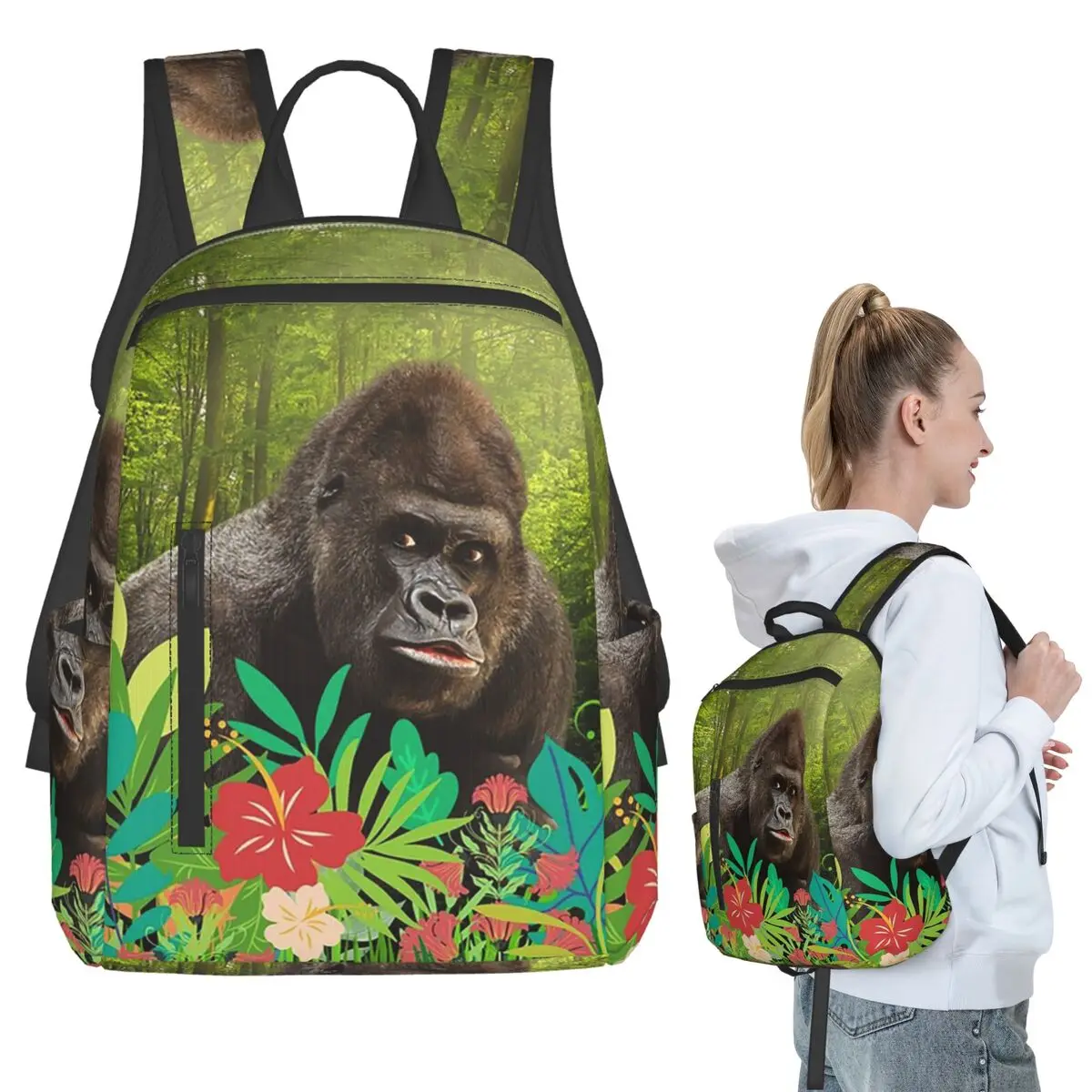 Gorilla In Forest Backpack Student BookBag Kids School Bag Computer Shoulder Bags Men Women