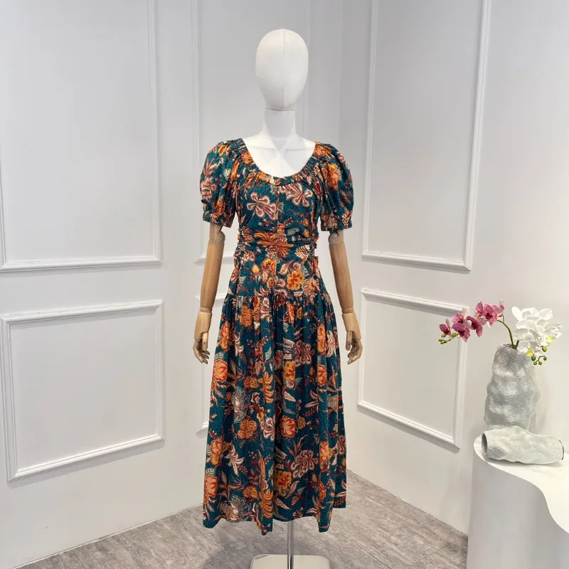 2023 New Fall Top Quality Cotton Bohemian Floral Print Cut Out Waist Short Sleeve Midi Dress for Women