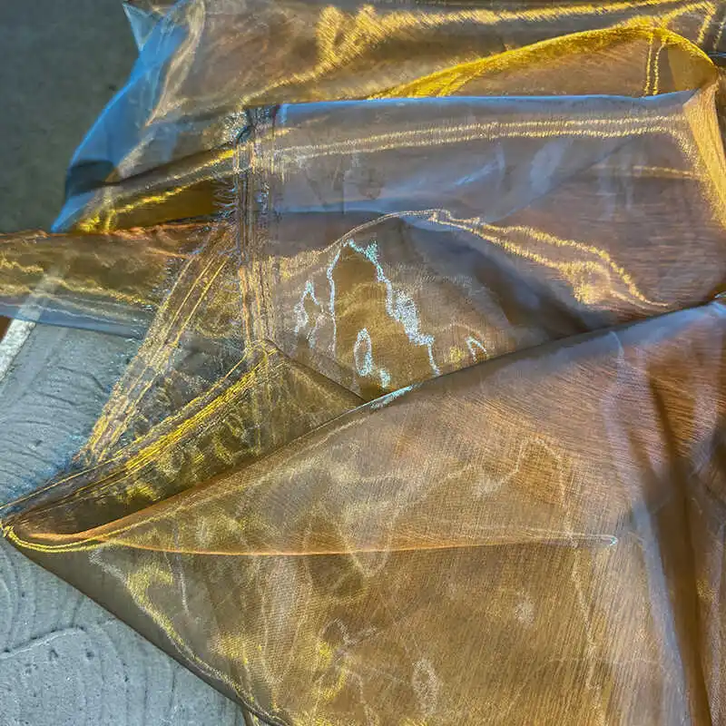 Liquid Water Light Organza Fabric Warm Gold Blue Chinese Style Iridescent Hanfu Dress Material for Fashion Designer Apparel
