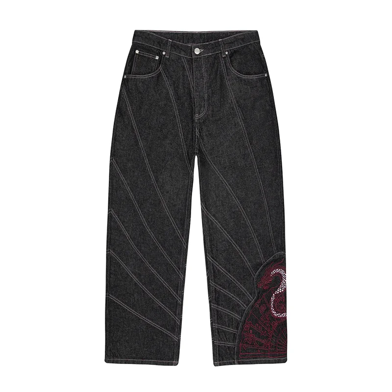 خمر التنين الأحمر الأزهار مروحة نمط التطريز عارضة فضفاض واسعة الساق الجينز Y2K الاتجاه الرجال النساء أزياء مريحة الشارع الشهير