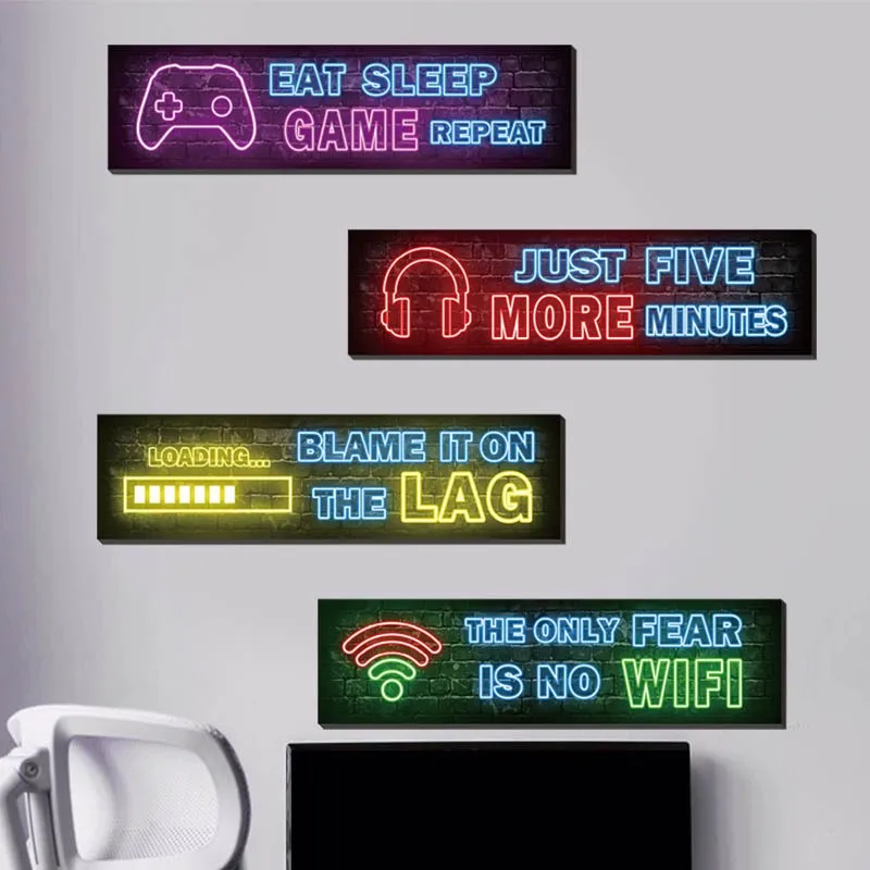Neon Effect Game Poster Cool Gamepad Vedio Headphone Vinyl Wall Stickers for Home Living Room Kids Bedroom Gamer Zone Decoration