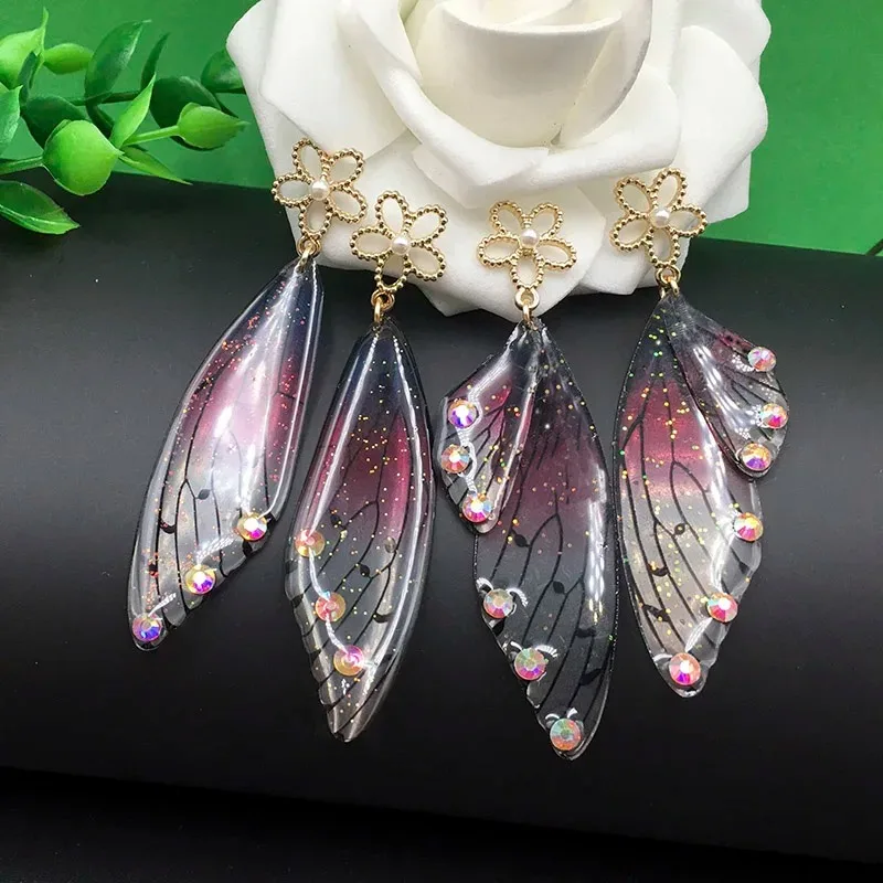 Greamy Gradient Purple Butterfly Wing Earrings Fairy Tale Glittering Bridal Drop Earrings Flower Charm Women Accessories Gifts