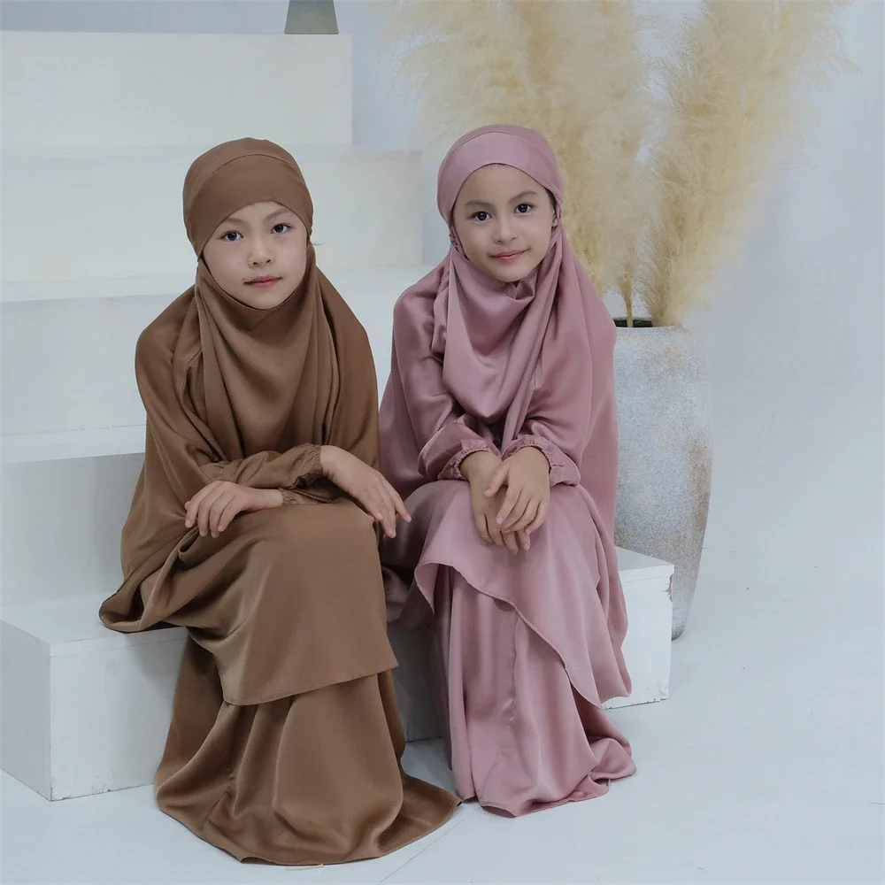 Prayer Garment Dress Muslim Eid Kids Girls Long Khimar Hijab Turkey Abaya Robe Islamic Skirt Set Full Cover Gowns Ramadan Burqa