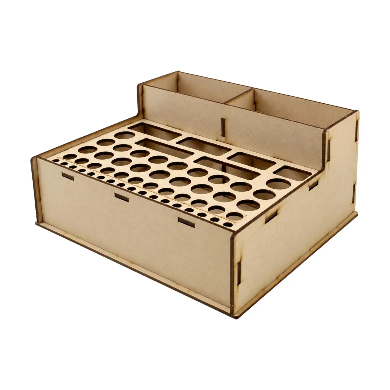 Sturdy Wood Component Storage Rack with Tab Slot Panels for Easy Build and Divided Spaces for Small Parts on Workbench Desk
