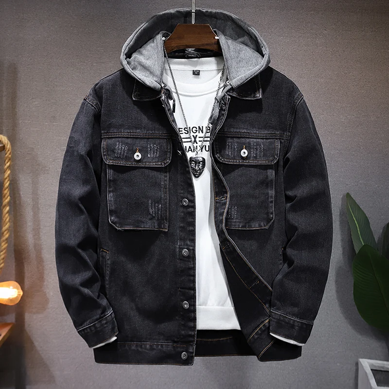 

Autumn New Style Detachable Hooded Denim Jacket for Men Men's Black Loose Fashion Denim Jacket