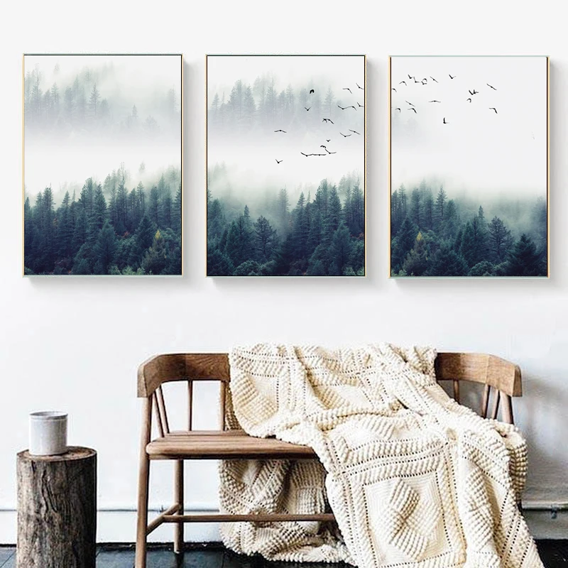 3PCS--Nordic Style Forest Lanscape Wall Art Canvas Poster and Print Canvas Painting Decorative Picture for Living Room Home D