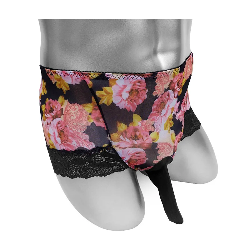 Floral Mesh Sissy Panties With Penis Sheath See Through Mens Briefs Underwear Sexy Lingerie Lacework Plus Size Male Underpants